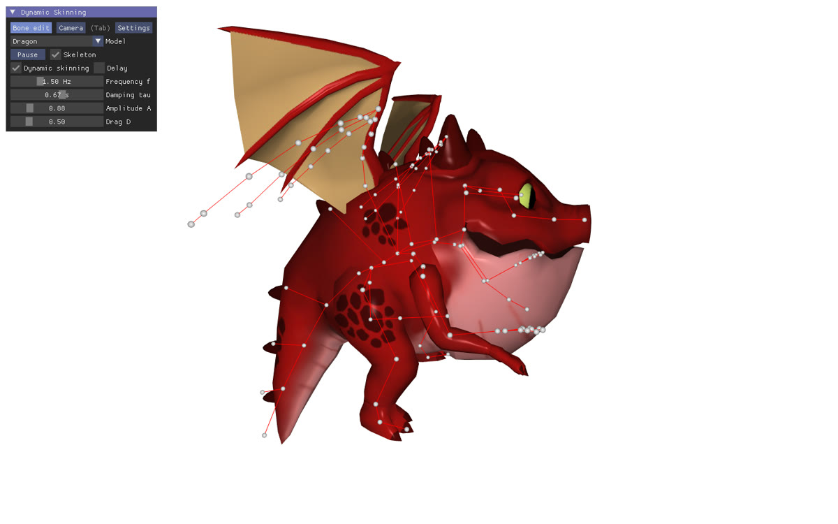 Screenshot of the web demo: the dragon, its skeleton and the dynamic skinning control panel