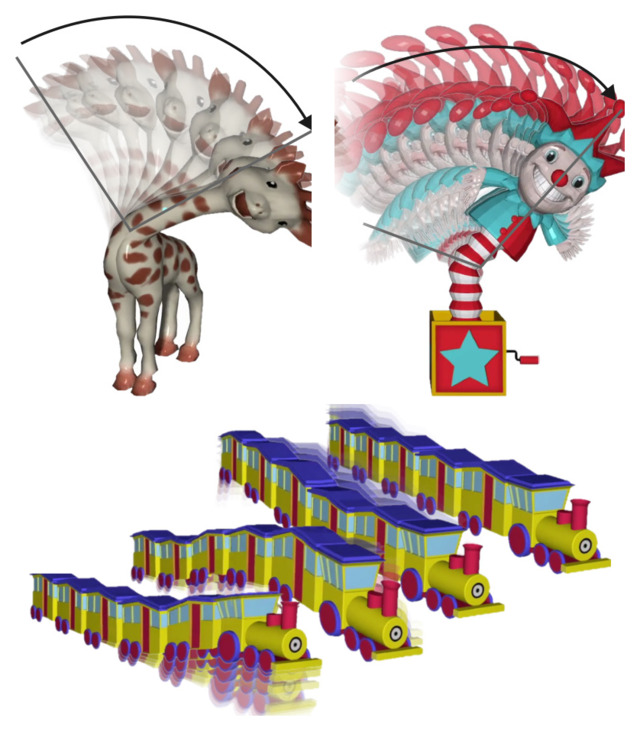 Thumbnail of the Dynamic Skinning article: giraffe, clown and train examples