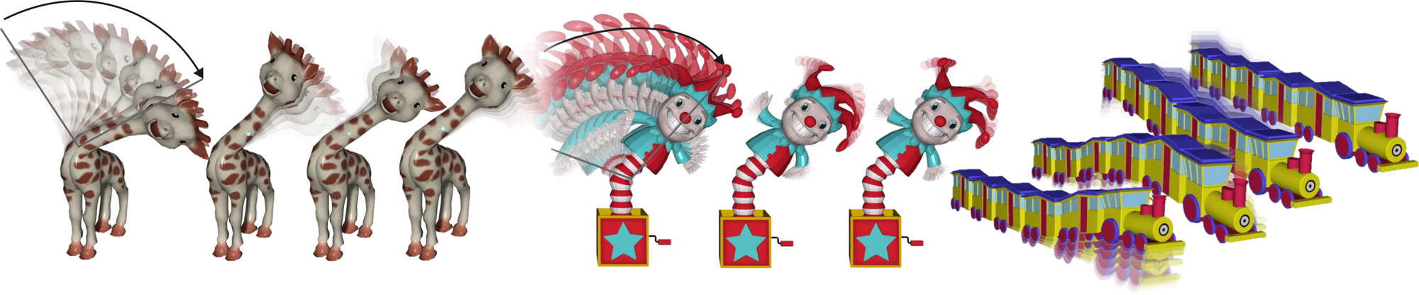 Figure 1 of the article: giraffe with global oscillations, clown with localized oscillations, train with delayed deformation