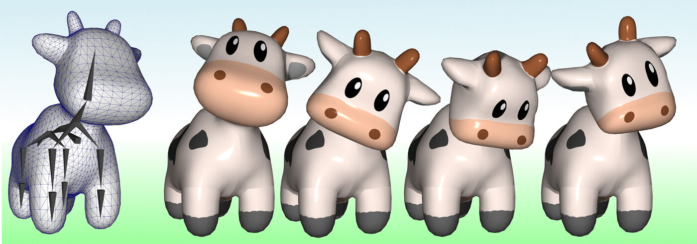 Velocity Skinning teaser: cartoon cow with squashy and floppy deformations